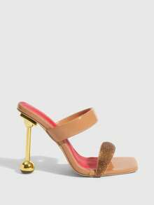 CUCCOO SZL Women's High Heel Sandals, Square Toe, Rhinestone Embellished, Asymmetric Heel, Suitable For Summer, Nightclub, Party, Runway - Apricot - View 3