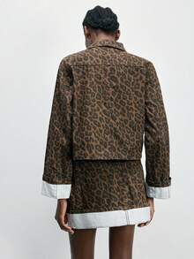 Maija Women's Leopard Print Button Front Long Sleeve Jacket And Denim Skirt 2-Piece Set - Multicolor - View 3