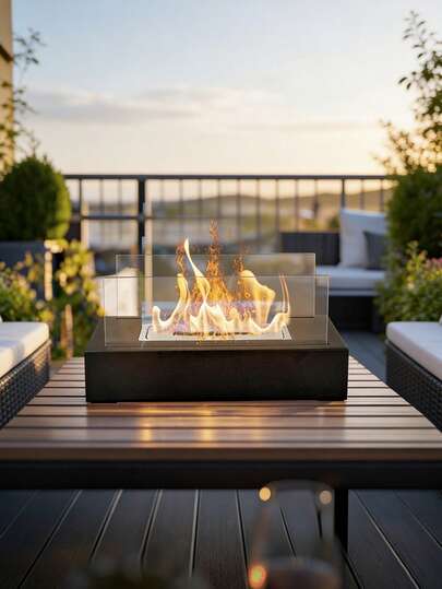 Lámpara de chimenea de alcohol portátil - Diseño rectangular de sobremesa, construcción de vidrio y metal para ambiente exterior y parrillada, regalo de Navidad y Halloween