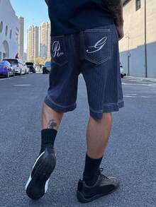 DAZY Quần short denim nam mùa hè, thêu chữ, màu gốc đã giặt. - Màu xanh lam - Xem 3