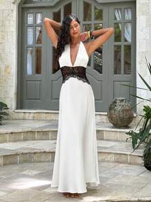 Opulessa 女士纯色蕾丝拼接吊带连衣裙 - 白色 - 查看 4