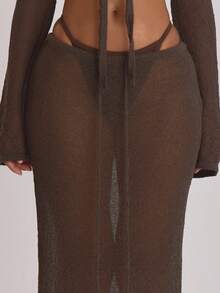 Musera Resort Knit Tie Front Maxi Skirt Cover Up Swim Vacation Holiday Summer Travel Beachwear Basics Solid Colour Resort Core Casual Elegant - Coffee Brown - View 2