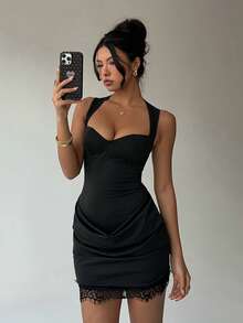 Aloruh Women's Elegant Summer Sweet Heart Neck Lace Patchwork Mini Dress, Black Bodycon Ruched Bustier Dress For Night Out Dates And Outings - Black - View 1