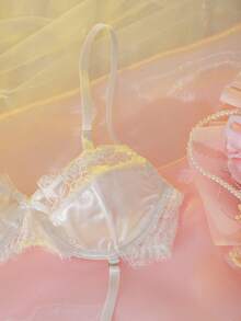 DelicateAllure 2pcs Women Lace Eyelash Patchwork Satin Ribbon Heart Contrast Color Set Wedding Lingerie For Bride White Lace Lingerie Lingerie For Women Adult - White - View 8