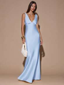 SHEIN BAE 性感简约纯色黄/米色深V领无袖露背系带连衣裙，适合派对、鸡尾酒会、正式场合、伴娘、生日、圣诞节、商务休闲等场合。 - 淺藍色 - 查看 4