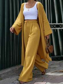 Balvessa 女士休闲日常通勤度假风简约纯色喇叭袖宽松长袍外套和阔腿裤两件套，春秋季 - 黃色 - 查看 4