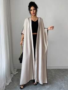 SHEIN Elenzya Black Contrast Trim Patchwork Loose Front Open Jacket - Khaki - View 4