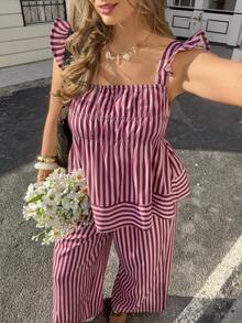 Lounesse Plus Size Women Square Neck Striped 2 Pieces Set, Versatile For Daily Commute And Casual Wear, Summer Outfits - Rose Red - View 4