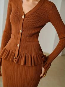 ZEYLAH 女士优雅高档毛衣半裙两件套 - 鏽棕色 - 查看 2
