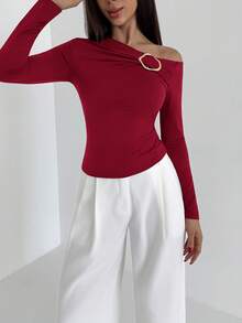 Aloruh 酒红色不对称领针织长袖T恤，女士休闲风格，扭结细节设计，红色不对称肩部上衣 - 酒紅色 - 查看 6