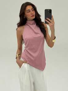 Aloruh 女士时尚纯色不对称下摆露背吊带上衣 - 藕粉色 - 查看 5