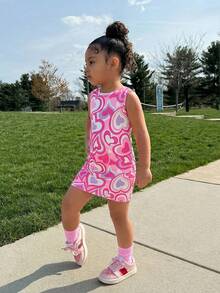 少女休闲运动风针织圆领爱心印花无袖连衣裙，春夏款 - 粉色 - 查看 5