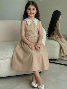 SHEIN Tween Girl Elegant Color Block Sleeveless Cinched Waist Mid-Length Dress - Black - View 6