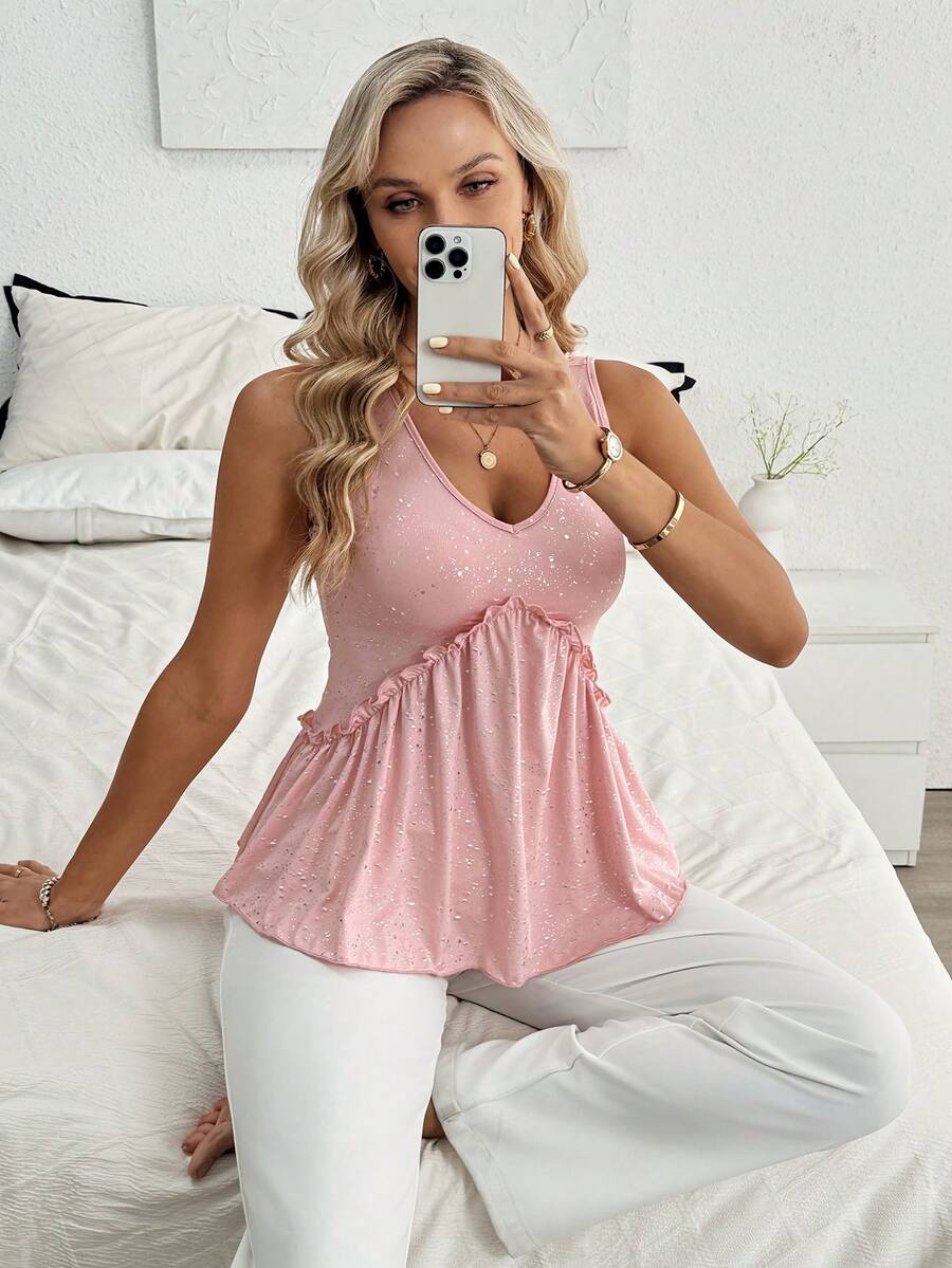 Louniche 女士粉色荷叶边无袖背心 - 粉色 - 查看 1