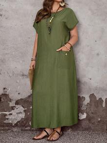 EMERY ROSE 大码女士休闲度假圆领短袖口袋连衣裙，春季 - 軍綠色 - 查看 1