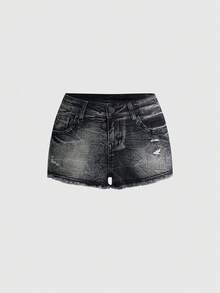 ROMWE Grunge Punk Y2K 性感复古米字旗刺绣镶钻超低腰牛仔短裤（女款） - 灰色 - 查看 2