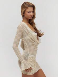 Musera Resort 印花格纹高领长袖迷你连衣裙 夏季泳装 海滩度假 日常性感可爱 旅行 Bambola - 淡黃色 - 查看 3