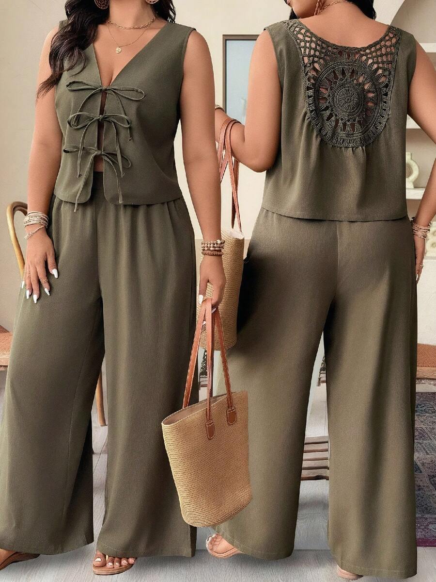 Weeklong Conjunto de 2 piezas de talla grande de unicolor, con cordones, sin mangas, casual, con diseño hueco, cómodo y versátil para el verano - Verde militar - Ver 1