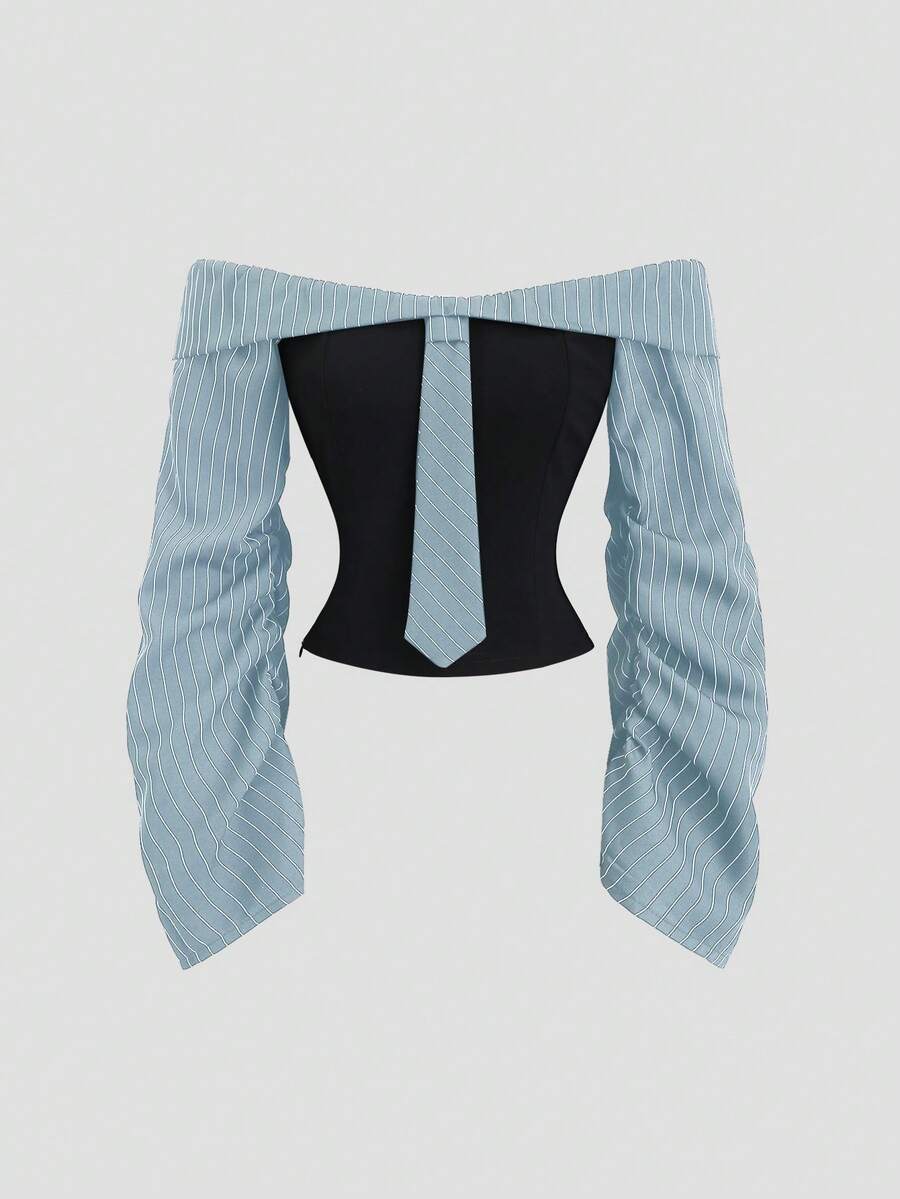 Sweetra 哥特风不对称荷叶边露肩长袖性感修身派对女式上衣 - 藍色 - 查看 1