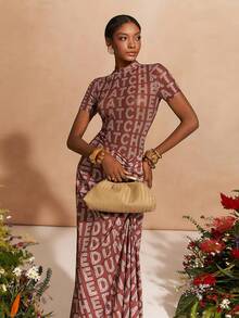 Zivah 2026 Spring/Summer New Valentine's Day Party Wedding Evening Date Casual Wear Student Daily Wear Basic Versatile Casual Vacation Cruise Travel Beach Sunbathing Viral Elegant Commute Business Casual Short Sleeve Jumpsuit + Long Pleated Skirt, Brown Base With Silver White Letter Print, Brown Set, Casual Set, Elegant Set, Women 2-Piece Outfit - Brown - View 3