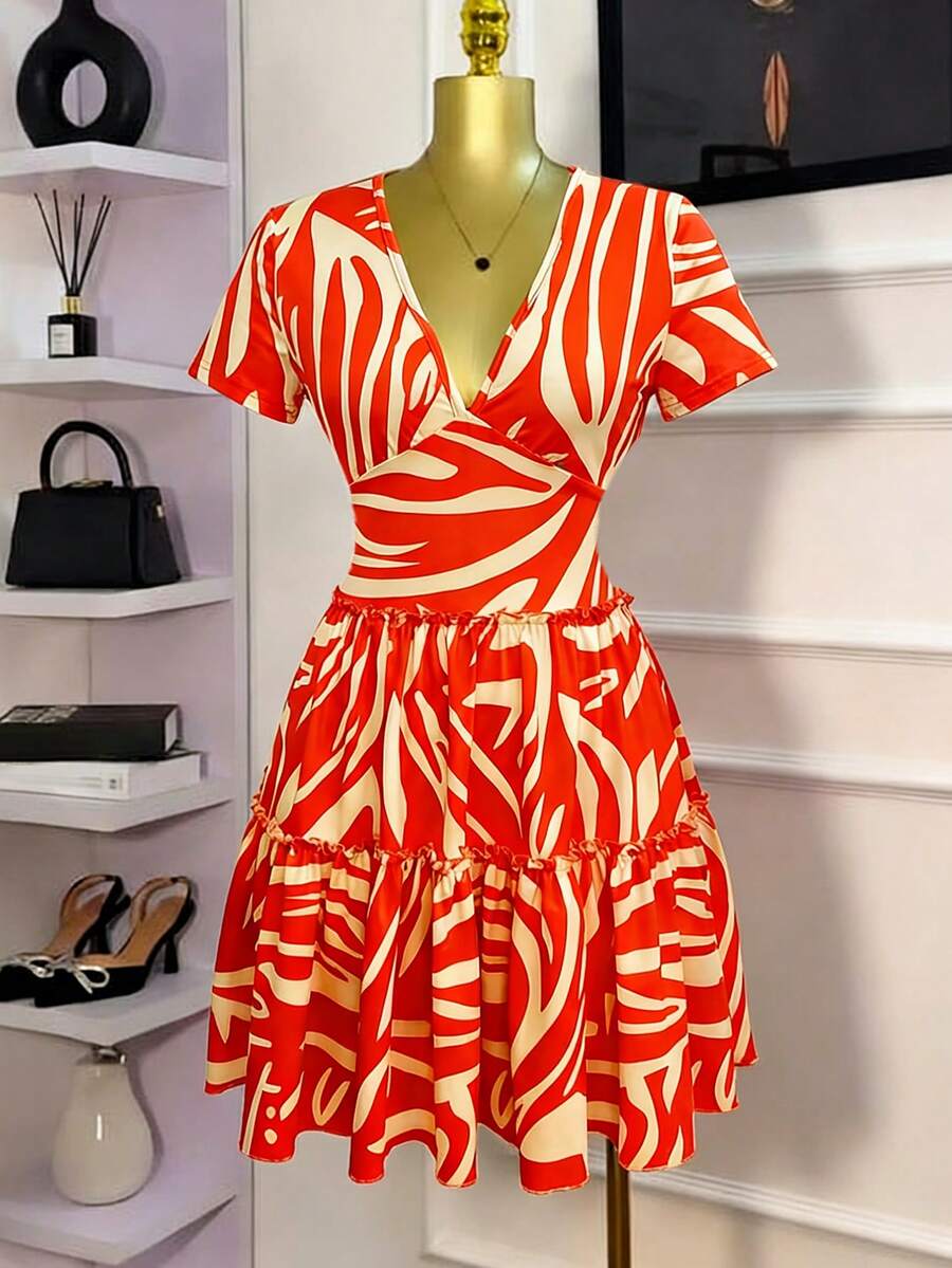 Xyvia 女士橙色牛奶丝绸数码印花V领收腰A字连衣裙，性感优雅，适合生日、约会、派对、周年纪念、情人节、春夏等场合。 - 橘色 - 查看 1