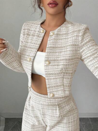 Elenzga 2pcs Women Plaid Double-Breasted Long Sleeve Jacket Paired With Loose Straight Pants, Elegant & Refined For Everyday Wear, Autumn/Winter