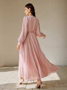 Anewsta 女士褶裥优雅收腰连衣裙 - 粉色 - 查看 2