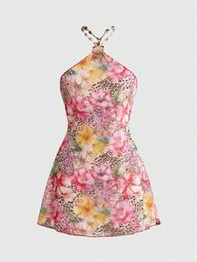 ROMWE Avant Conjunto de vestido mini con estampado de flores y leopardo, decoración de conchas, bufanda y collar, estilo vintage de playa para la Y2K - Multicolor - Ver 3