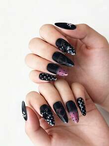 ROMWE Anime 10片可爱蝴蝶结音符星星元素高品质手工假指甲 + 3片双面胶，Y2K法式水钻链条波点可移除美甲贴纸，适合节日、派对、跳舞和日常佩戴 - 粉黑色 - 查看 2