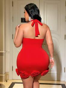 NU&NOW 女士时尚性感3D立体花卉装饰露背吊带迷你连衣裙 - 紅色 - 查看 3