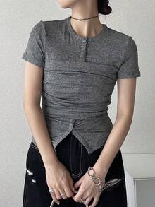 FRIFUL 女士圆领紧身二合一装饰胸前抹胸多层拼接纯色短袖T恤 - 灰色 - 查看 2