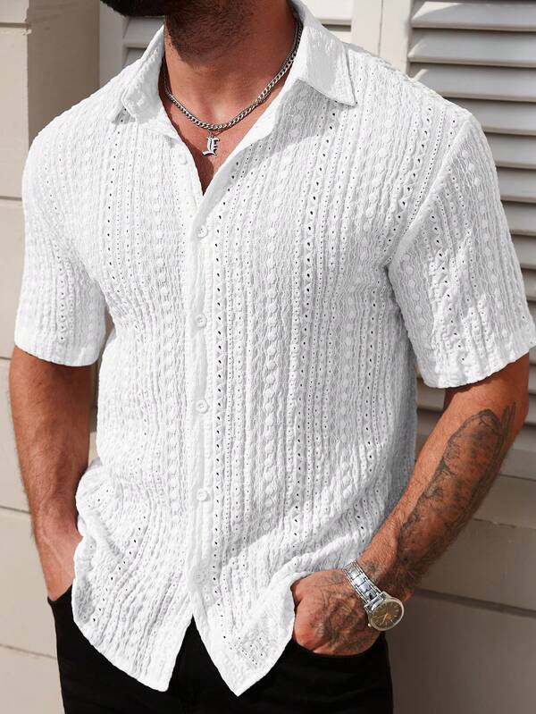 Manfinity Homme Men's Textured White Short Sleeve Shirt, Summer,Men Old Money,Daily Leisure, Weekend Trips, Outdoor Activities, Travel Expeditions, Relaxed Work Environments Or Semi-Formal Occasions, Boyfriend/Husband Gift, Anniversary /Birthday Gift Party Summer Vacation Holiday,Wedding,Spring To Summer,Mardi Gras,Men's White Eyelet Short Sleeve Button Up Casual Shirt For Summer,Men Lace Shirt,Men's Knit Shirt,Men's Crochet Shirt,Men's Textured Shirt,White Laced Men's Shirt