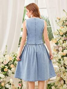 2 Stücke/Set Teenager Mädchen Blau Jeans Ärmellose Weste & Plissee Mini Rock - Mittele Waschung - Übersicht 7