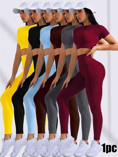 SHEIN Core Rhythm Solid Color Cropped Top And Leggings Seamless Women Sports Set, High Stretch Yellow Workout Set Yellow Active Set Yellow Yoga Set Ribbed Workout Set Seamless Workout Leggings Yellow Activewear Set