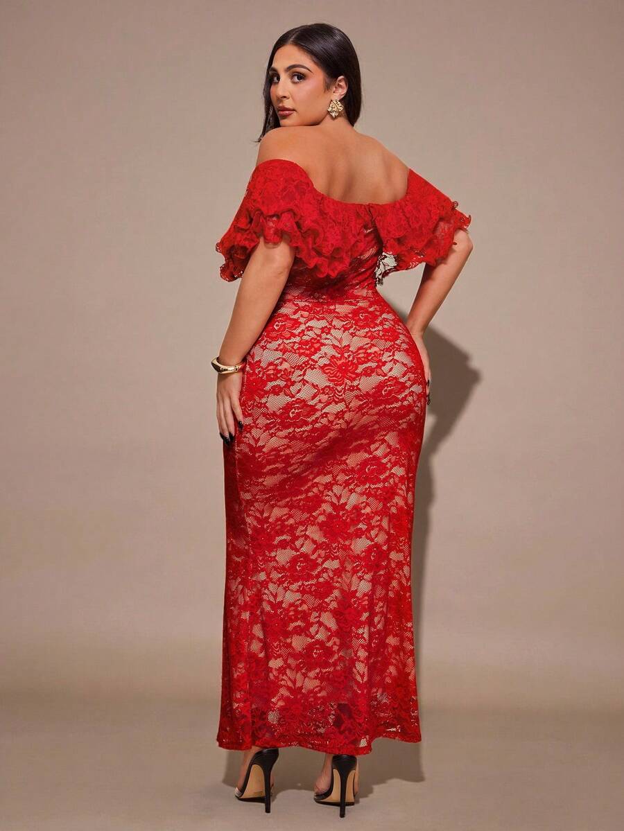 SHEIN BAE Đầm trễ vai màu đỏ xếp nếp thanh lịch gợi cảm dành cho nữ cỡ lớn, đầm đi biển nghỉ mát.