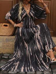 Brillora Đầm nữ kiểu dáng thường ngày, họa tiết nhuộm tie-dye, thích hợp cho kỳ nghỉ. - màu đen - Xem 9