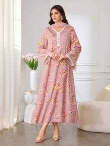 Al Najma Women's Elegant Floral Print Lace V-Neck Loose Long Arabic Dress - Pink - View 5