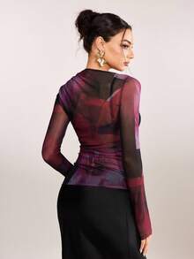 plantica Casual Sexy Urban Chic Minimalist Fashion Women's Black Long Sleeve Fitted Semi-Sheer Mesh Floral Print Blouse, Suitable For Outings, Travel, Dates, Parties, Holidays, Valentine's Day, Spring/Summer,Going Out,Sexy, Elegant,, Wedding Guest, Music Festival, Musician, Night Club - Black - View 2