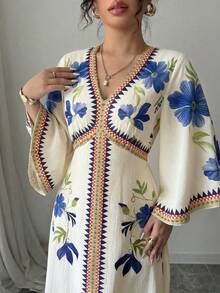 Yasmyna 女士优雅通勤印花喇叭袖连衣裙 - 藍色 - 查看 6