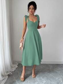 Elenzga 无袖系带收腰A字优雅浪漫连衣裙（女款） - 淺綠色 - 查看 5