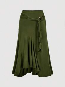 SHEIN MOD Plus Size High Waist Ruffle Asymmetrical Hem Skirt Army Green Midi Skirt Tie Skirt Wrap Skirt Asymmetrical Skirt Army Green Tie Skirt - Army Green - View 7