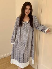 Dazy Plus Plus Size Women Ditsy Floral Square Neck Long Sleeve Button Design Loose Nightgown Pajamas - Dusty Blue - View 4