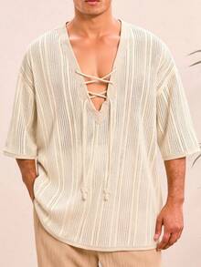 Manfinity BRENVOR Men's Knit Casual Loose Fit V-Neck Short Sleeve Shirt, Fashionable & Daily Wear - Apricot - View 1