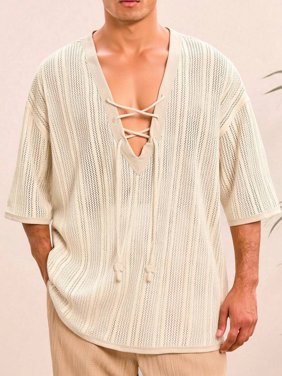 Manfinity BRENVOR Men's Knit Casual Loose Fit V-Neck Short Sleeve Shirt, Fashionable & Daily Wear - Apricot - View 1