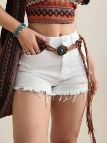 SHEIN Tall Women's Casual Solid Color Distressed Frayed Hem Fitted Denim Shorts, Summer - White - View 8