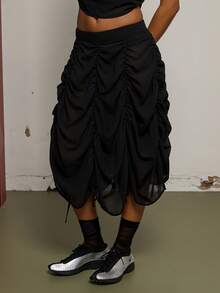 COUREZ Sheer Midi Ruched Skirt /Y2K Spring Clothes For Women Cute Sexy Black Party Rave Skirts Going Out Outfits Summer Skirts Summer Outfits 2 Piece Sets - Black - View 2