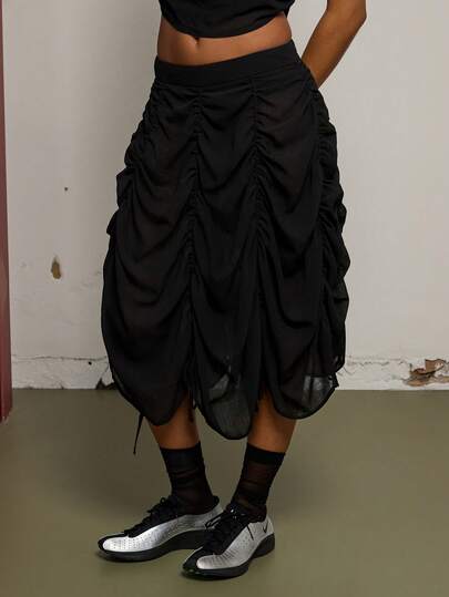 COUREZ Sheer Midi Ruched Skirt /Y2K Spring Clothes For Women Cute Sexy Black Party Rave Skirts Going Out Outfits Summer Skirts Summer Outfits 2 Piece Sets