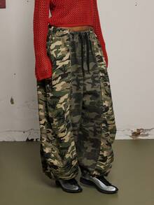 COUREZ 低腰宽松灯笼裤，拼接迷彩面料/Y2K春季女装街头风外出穿搭休闲夏季穿搭外出裤音乐节穿搭夏季裤装 - 彩色 - 查看 4