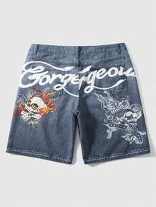 ROMWE MEN Men's Letter & Skull Print Pocket Casual Denim Shorts - Blue - View 1
