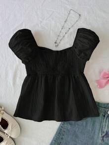 SHEIN Tween Girl Solid Color Button Design Sweetheart Collar Raglan Short Sleeve Shirt - Black - View 2